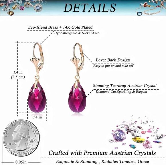 14K Yellow Gold with Fuchsia Pink Austrian Crystal Teardrop Leverback Earrings - Picture 7 of 7